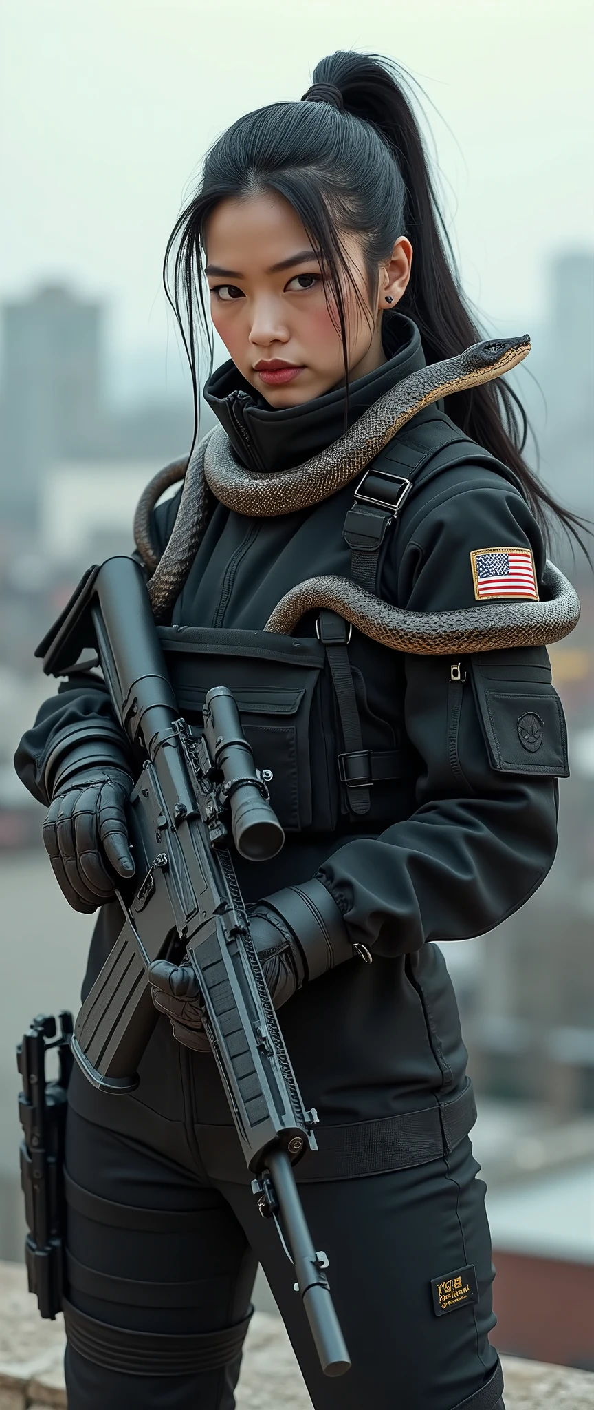so much swagger trained marine corp militant asian female solider with snakes coiled around her smug grin sneer. with an attitue vengance she adorn with pony tail hairstyle adorn hip hop rap style in kevlar black military attire armour sniper rifle on rooftop standing absolute disrespect bad-mannered