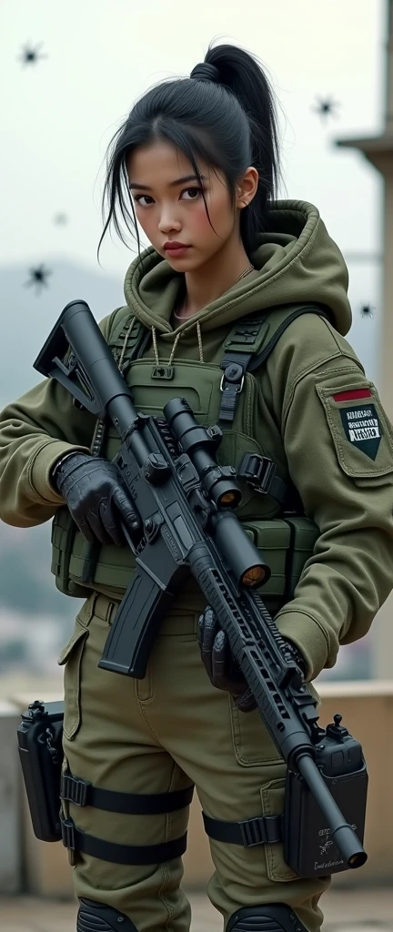 so much swagger trained marine corp militant asian female solider with spiders coiled around her   smug grin sneer. with an attitue vengance she adorn with pony tail hairstyle adorn hip hop rap style in kevlar black military attire armour sniper rifle on rooftop standing absolute disrespect bad-mannered
