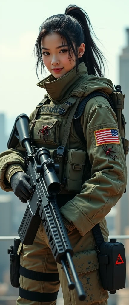 so much swagger trained marine corp militant asian female solider with spiders coiled around her   smug grin sneer. with an attitue vengance she adorn with pony tail hairstyle adorn hip hop rap style in kevlar black military attire armour sniper rifle on rooftop standing absolute disrespect bad-mannered