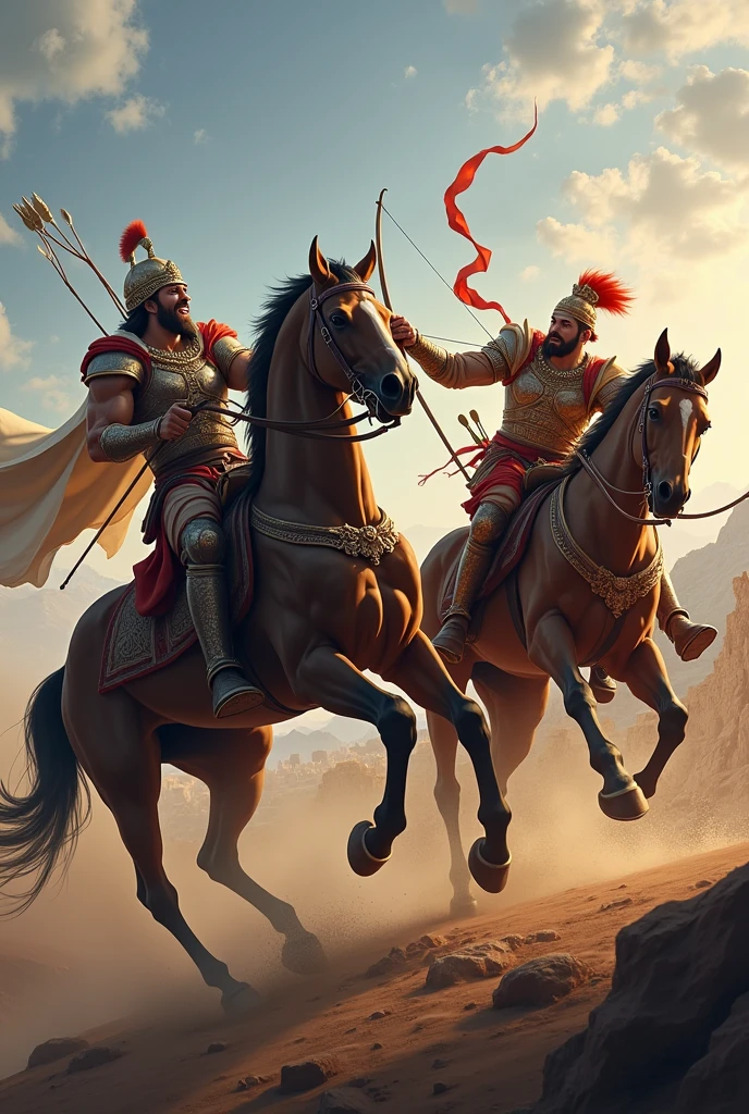 Two persons with great body ,they are kings fight with each other while they ride a horse,one of them having another person to ride that chariot and another one ride himself ,they fight with bows and arrows in a war