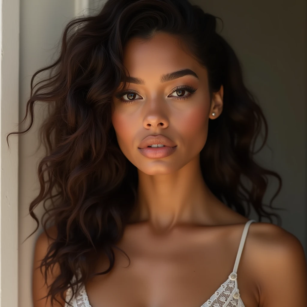 imagine facing the viewer, A woman who mixes two very different nationalities physically and creates a 19-year-old woman with perfect skin, charming look,, She is the most beautiful woman in the world, She is an Instagram influencer and a very seductive woman.