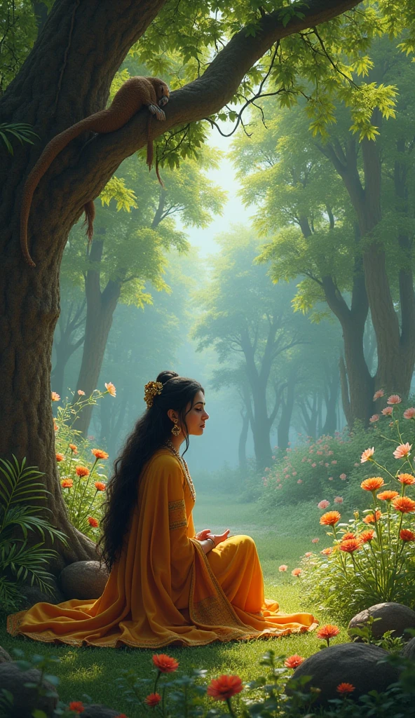 Sita in Ashok Vatika**: Sita sitting sadly in a beautiful garden, surrounded by lush green trees and flowers, while Hanuman ( in kings costume) watches her from tree.