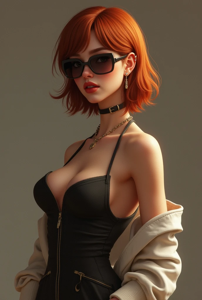 Fille réaliste avec short moulant coupe de cheveux au carré roux avec des lunettes poitrine grosse fesses