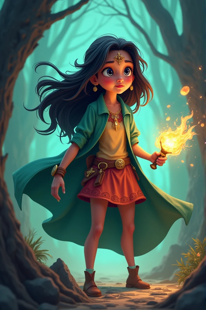 Geeta's Heroic Act: Illustrate Geeta using her intelligence and bravery to confront or outsmart the sorcerer, showcasing her determination and courage while battling with evil sorcerer in 3d cartoon 