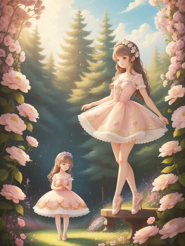 An adorable illustration of a teddy bear wearing a ライトブルー ballerina dress and a flower on her head. The bear is standing in a garden, creating an enchanting and captivating scene. The art conveys a “kawaii” style and was created by talented artist Anna Dittmann, with vectorized details for a charming finish.