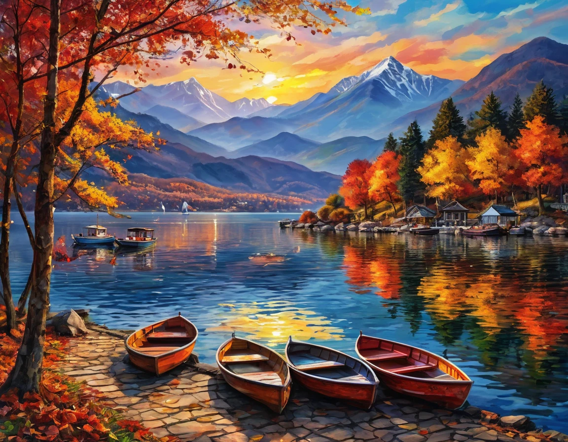 Masterpiece, high resolution, best composition, beautiful autumn sunset, breathtaking beauty, little boats on the lake, mountains with autumn leaves, creating imaginative and stunning images ((neo-ink impressionism)), photorealistic, vivid colors, crisp images.