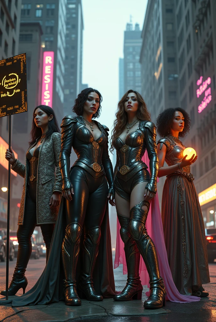 {subject: Four powerful women standing united in a dystopian urban environment, wearing intricately detailed, opulent outfits inspired by the image provided. The Leader is dressed in a luxurious, embroidered jacket with metallic accents and adorned with intricate jewelry, featuring a glowing "My Body, My Choice" patch, holding a staff with an electrified "Resist" flag; The Tactician in a similarly ornate armored suit with holographic elements and detailed patterns, displaying "Freedom is Non-Negotiable" on her forearm; The Warrior in a richly decorated exosuit with neon pink accents and intricate armor, her chest plate etched with "No More Silence," wielding a futuristic weapon; The Visionary in flowing, iridescent robes with intricate beading and jewels, projecting "Our Future, Our Rights" above her head, holding a glowing orb} {image type: photorealistic cinematic style} {environment/background: dystopian urban setting with dark skies, towering oppressive buildings, empty streets scattered with torn posters, broken signs, and graffiti, holographic projections of past protests in the background} {art styles: high fashion photography, dystopian narrative, ornate details} {lighting: dramatic, with sharp contrasts and moody, low-angle light emphasizing the women's powerful presence and the intricate details of their outfits} {camera: low-angle wide shot, capturing all four women in a commanding, larger-than-life stance} {resolution: ultra-high-definition, 8K render, with intricate details on clothing, textures, and the environment}
