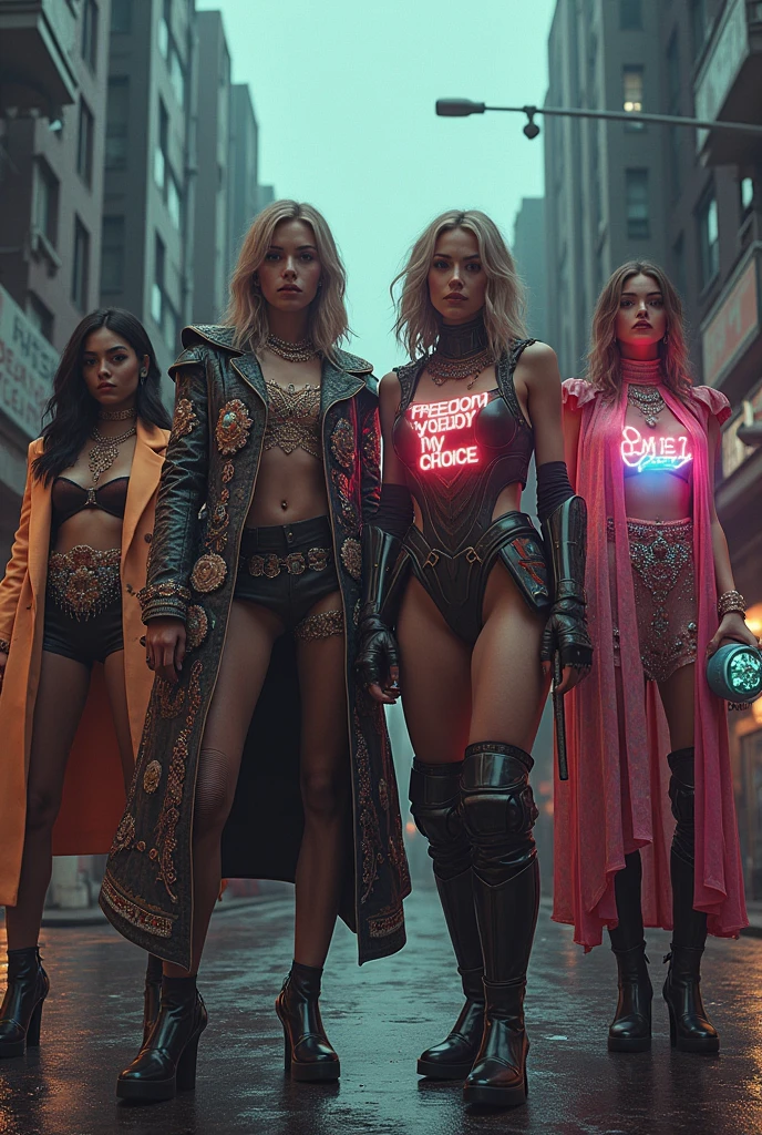 {subject: Four powerful women standing united in a dystopian urban environment, wearing intricately detailed, opulent outfits inspired by the image provided. The Leader is dressed in a luxurious, embroidered jacket with metallic accents and adorned with intricate jewelry, featuring a glowing "My Body, My Choice" patch, holding a staff with an electrified "Resist" flag; The Tactician in a similarly ornate armored suit with holographic elements and detailed patterns, displaying "Freedom is Non-Negotiable" on her forearm; The Warrior in a richly decorated exosuit with neon pink accents and intricate armor, her chest plate etched with "No More Silence," wielding a futuristic weapon; The Visionary in flowing, iridescent robes with intricate beading and jewels, projecting "Our Future, Our Rights" above her head, holding a glowing orb} {image type: photorealistic cinematic style} {environment/background: dystopian urban setting with dark skies, towering oppressive buildings, empty streets scattered with torn posters, broken signs, and graffiti, holographic projections of past protests in the background} {art styles: high fashion photography, dystopian narrative, ornate details} {lighting: dramatic, with sharp contrasts and moody, low-angle light emphasizing the women's powerful presence and the intricate details of their outfits} {camera: low-angle wide shot, capturing all four women in a commanding, larger-than-life stance} {resolution: ultra-high-definition, 8K render, with intricate details on clothing, textures, and the environment}
