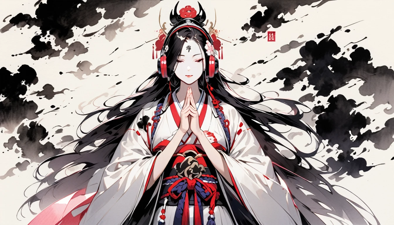 (((Ink Painting))), ((Japanese style headphones)), (((White face with Japanese pattern tattoo))), (((praying hands))), from front, Magnificent hair ornament, Japanese Woman, Pink