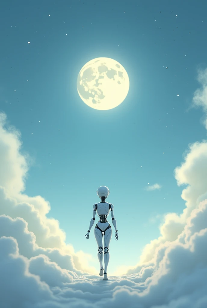 beautiful robot girl, walk towards the moon, stars and clouds,pastel blue background 