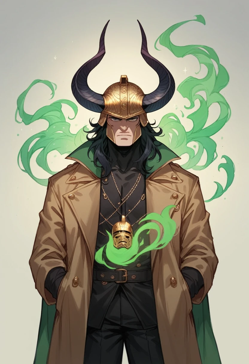 Loki, man, long black hair, long face, handsome, golden helmet, two long horns, black costume with golden accents, leather trench coat, green cape, green magic