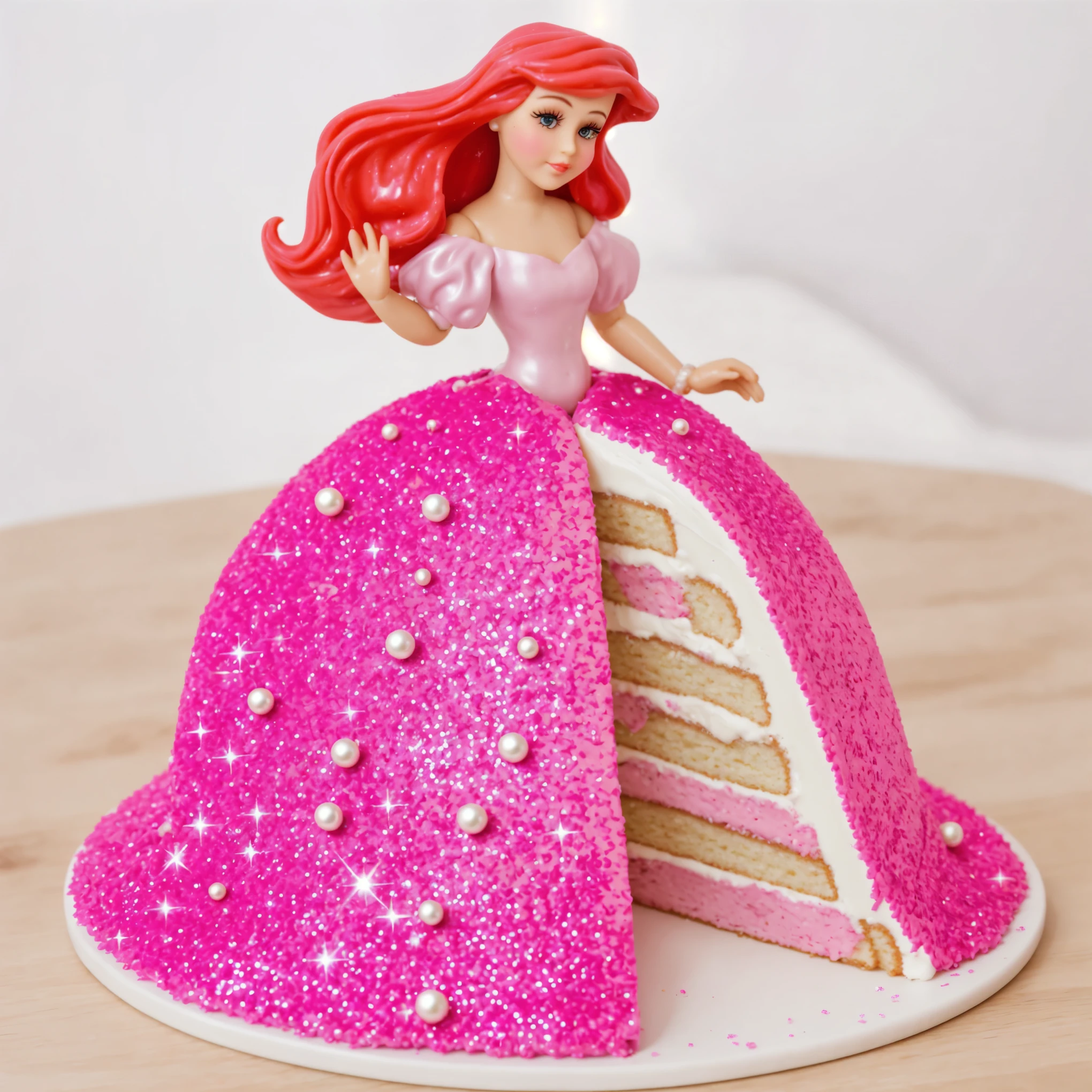 ON a wooden table, on a white plate, there is a semicircular cake cut, decorated with pink ganache with sparkles and glitter, inside is a biscuit with cream, decorated with silver pearls, On top is a plastic doll from Disney's The Little Mermaid Ariel, red plastic hair, plastic dress, realistic style, realistic texture, bright lighting, detailed texture, high quality, a high resolution, Beautiful light from the window, ultra hd 4k