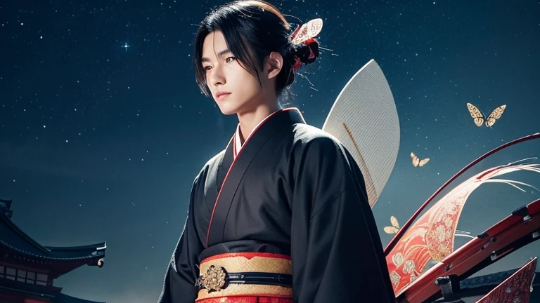A young and confident samurai、Detailed and visually appealing illustrations with a modern twist。The samurai has messy black hair and a charming smile.、It exudes charisma。He wore a black and dark blue kimono with red and white accents.、Dressed in stylish and traditional Japanese clothing。Characters with arms crossed、He holds a sheathed sword at his side.。Background、Twinkling Star々In the fantastic night sky where shining butterflies dance、It creates a magical and mysterious atmosphere.。The whole scene is、Combining traditional samurai aesthetics with fantasy elements、It makes the character seem both heroic and mysterious.。Glamorous man。