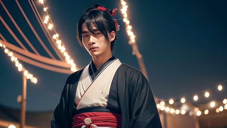 A young and confident samurai、Detailed and visually appealing illustrations with a modern twist。The samurai has messy black hair and a charming smile.、It exudes charisma。He wore a black and dark blue kimono with red and white accents.、Dressed in stylish and traditional Japanese clothing。Characters with arms crossed、He holds a sheathed sword at his side.。Background、Twinkling Star々In the fantastic night sky where shining butterflies dance、It creates a magical and mysterious atmosphere.。The whole scene is、Combining traditional samurai aesthetics with fantasy elements、It makes the character seem both heroic and mysterious.。Glamorous man。