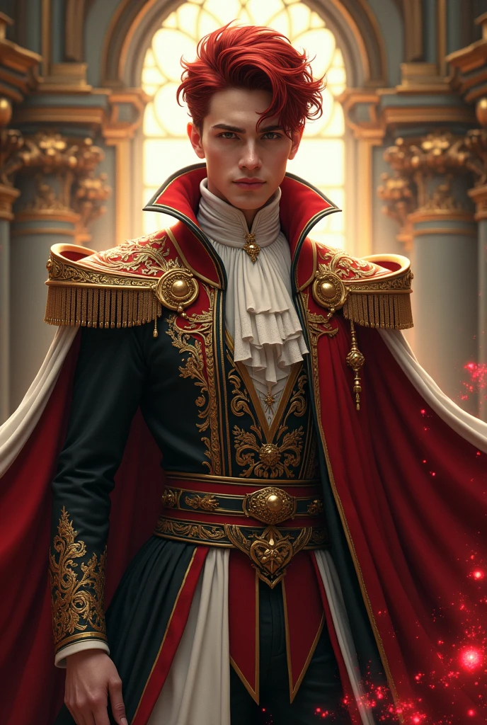 Draw me the god of magic. Male. Handsome face. Age 20 Dark-red hair. Fully clothed. Royal clothes. Clothes are red, scarlet, white, black, golden. Masterpiece and a royal prince