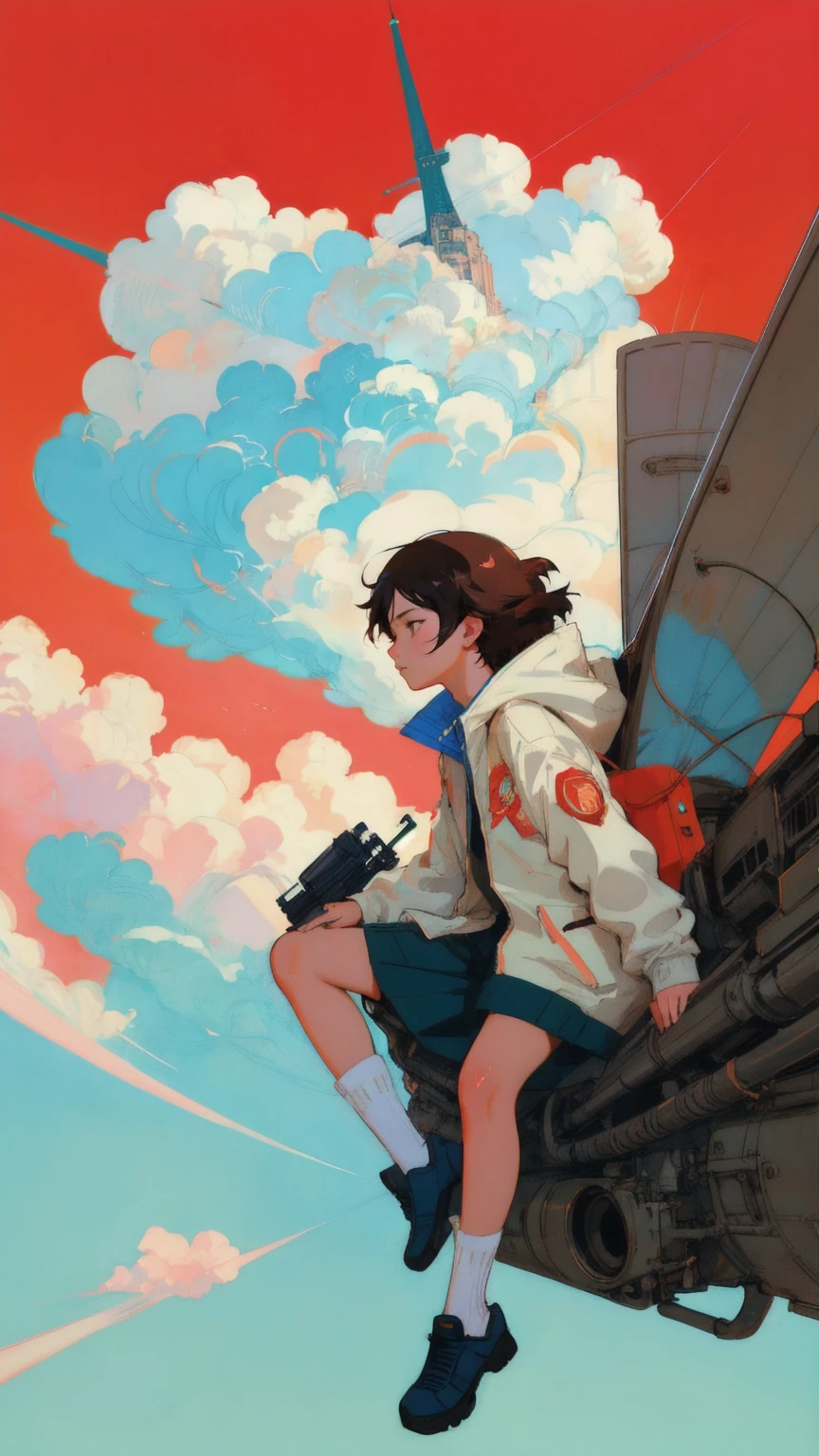 Cartoon of a cute, beautiful girl riding a plane in the sky, inspired by Rinaldo Cuneo, Josan Gonzalez, Posuka Demizu, Akira art style, and FLCL cover. The background must be brown, with the text 'Permanent Temporary Fix' subtly integrated. The image should maintain the epic full-color illustration style, inspired by Otomo Katsuhiro, JC Leyendecker, and Sachin Teng, with an Akira-style illustration approach.