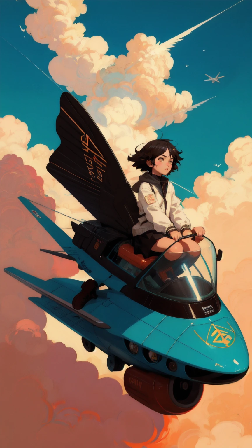 Cartoon of a cute, beautiful girl riding a plane in the sky, inspired by Rinaldo Cuneo, Josan Gonzalez, Posuka Demizu, Akira art style, and FLCL cover. The background must be brown, with the text 'Permanent Temporary Fix' subtly integrated. The image should maintain the epic full-color illustration style, inspired by Otomo Katsuhiro, JC Leyendecker, and Sachin Teng, with an Akira-style illustration approach.