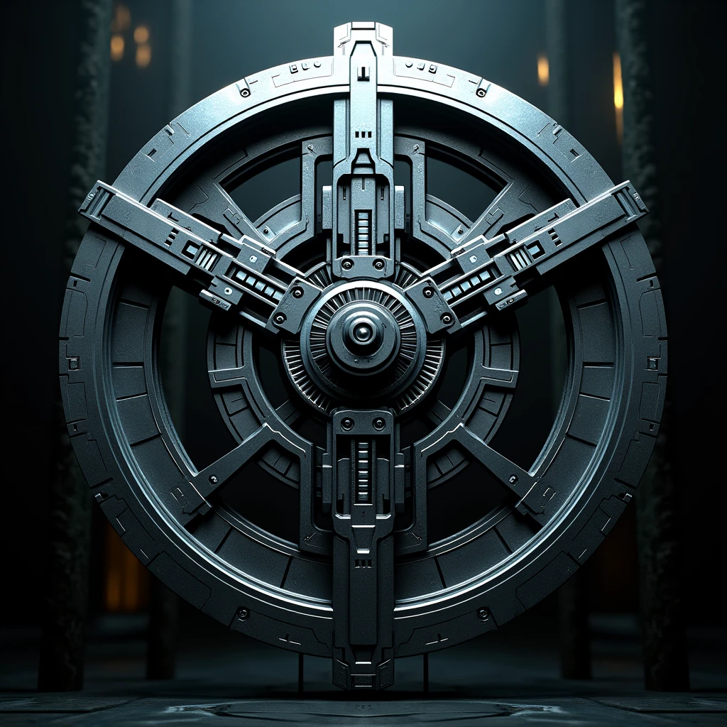 a detailed symbol of the Teharus Confederation, complex geometric design, metallic chrome finish, futuristic aesthetic, intricate patterns, seamless integration, clean lines, highly detailed, cinematic lighting, 8k, photorealistic, intricate details, glossy, reflective, mechanical, industrial, minimalist, symmetrical, elegant, powerful, imposing