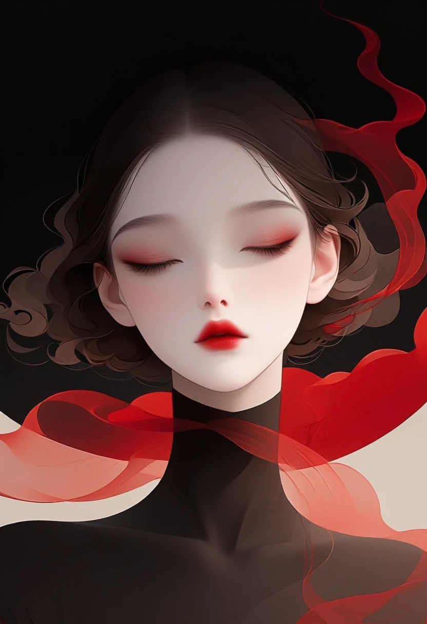 (masterpiece, best quality:1.2), 1 girl, alone,beautiful face,red lips,Minimalist Art Nouveau,illustration style,black and red