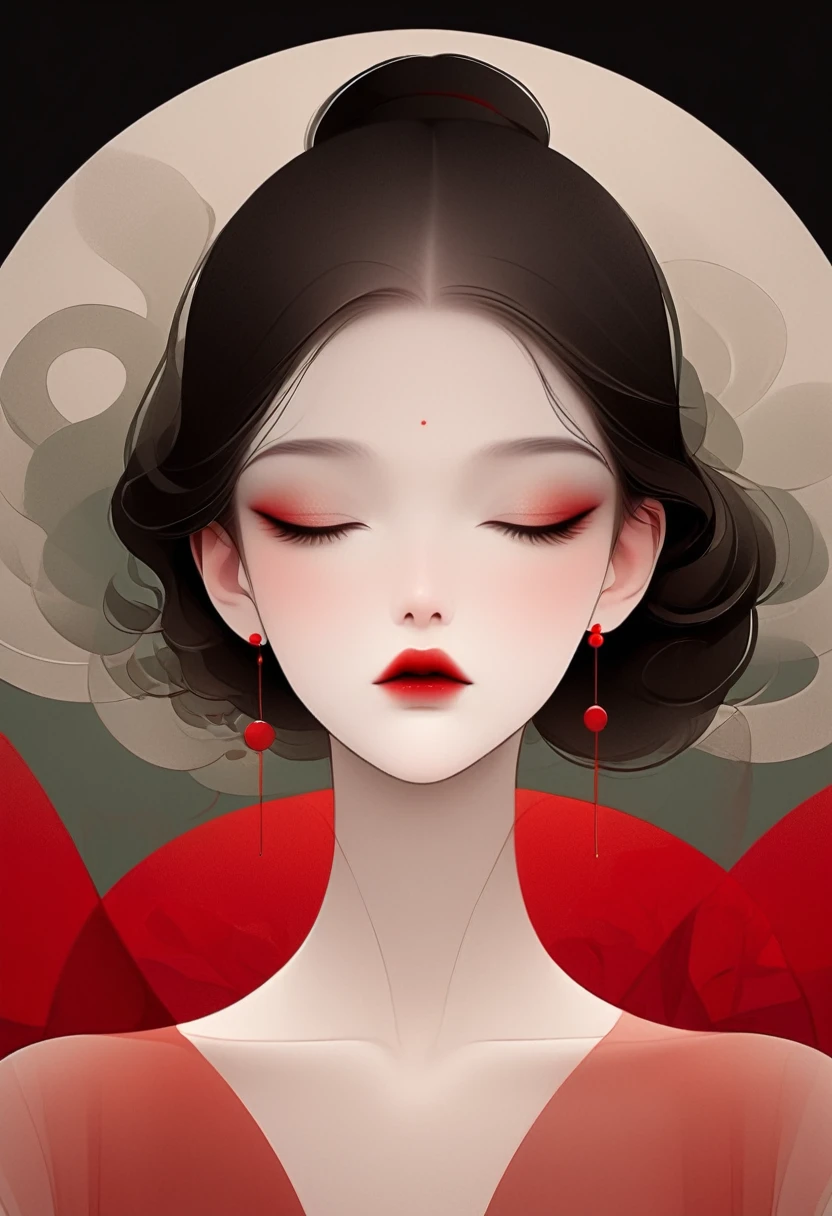 (masterpiece, best quality:1.2), 1 girl, alone,beautiful face,red lips,Minimalist Art Nouveau,illustration style,black and red