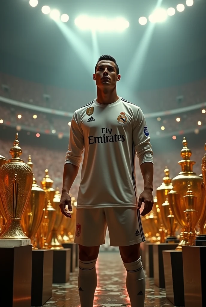 Cristiano Ronaldo in a stadium full of football trophies