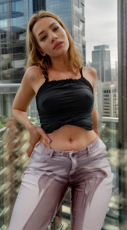 ((Midnight, Best quality, 8k, Masterpiece :1.3)), Whole body, Long legs, Sharp focus :1.2, A pretty white woman with perfect figure :1.4, Slender abs :1.1, ((blonde hair, small breasts :1.2)), (White tight tshirt, Jean bib, Standing:1.2), ((Night city view, from a Balcony:1.3)), Highly detailed face and skin texture, Detailed eyes, Double eyelid