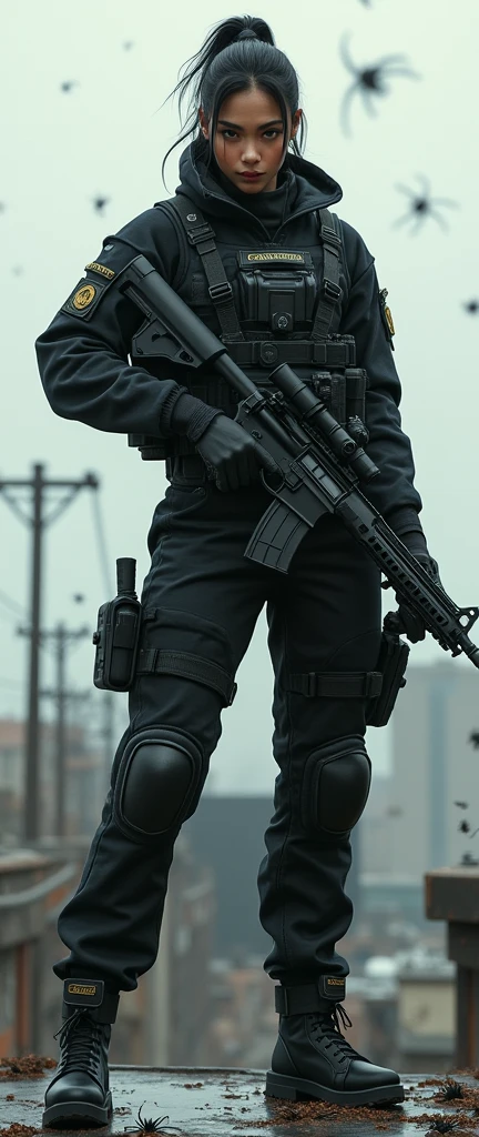 so much swagger trained marine corp militant asian female solider with spiders crawling on her smug grin sneer. with an attitue vengance she adorn with pony tail hairstyle adorn hip hop rap style in kevlar black military attire armour sniper rifle on rooftop standing absolute disrespect bad-mannered