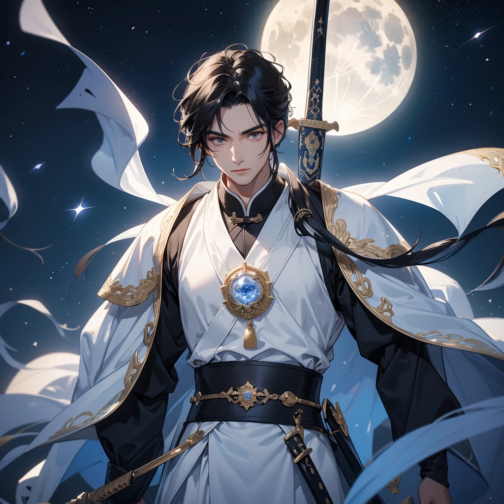 A Handsome black-hair male holding a large sword in white ancient chinese costume, Background is a dark night, with moonlight and millions of stars, twinkling everywhere, with blue light, close up.