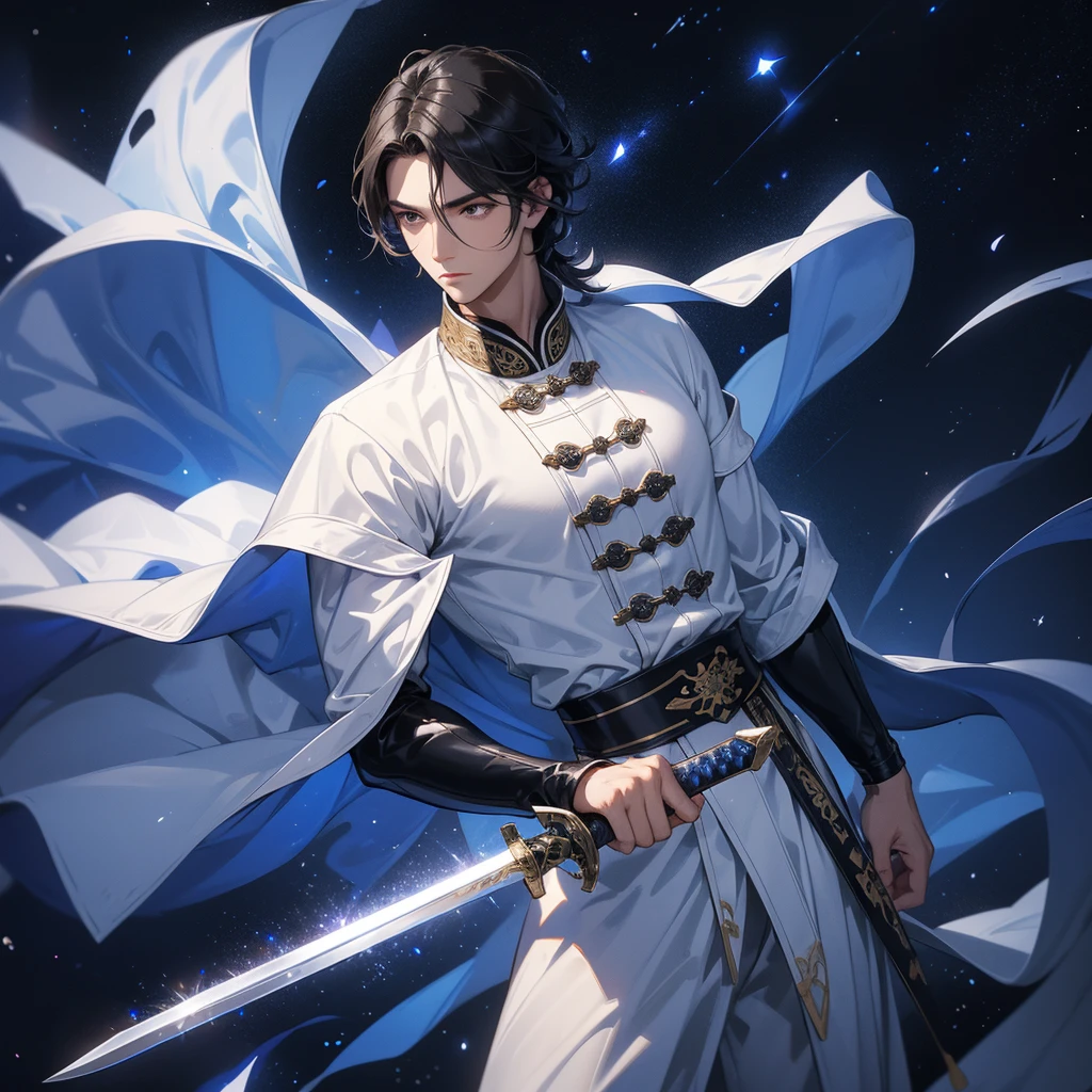 A Handsome black-hair male holding a large sword in white ancient chinese costume, Background is a dark night, with moonlight and millions of stars, twinkling everywhere, with blue light, close up.