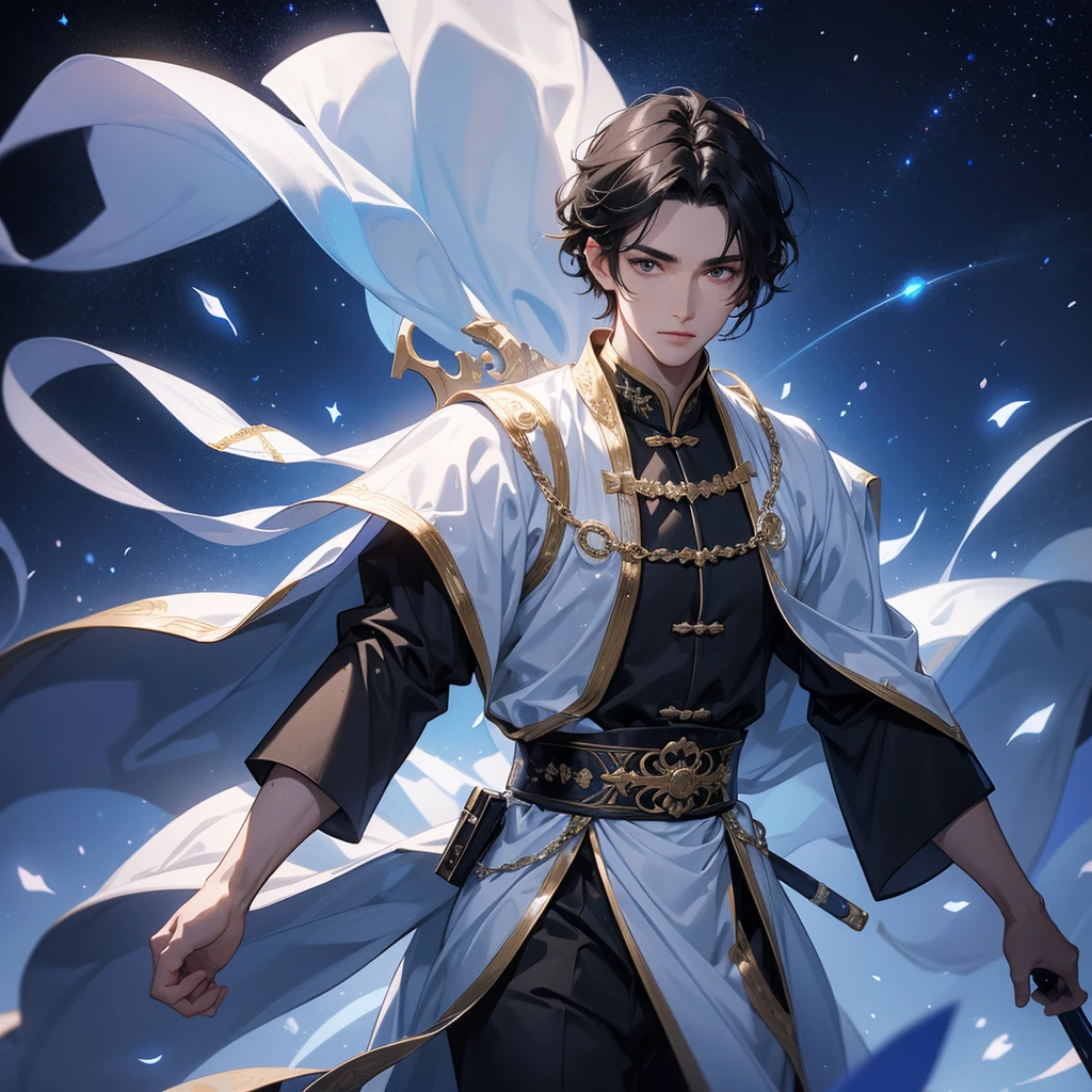 A Handsome black-hair male holding a large sword in white ancient chinese costume, Background is a dark night, with moonlight and millions of stars, twinkling everywhere, with blue light, close up.