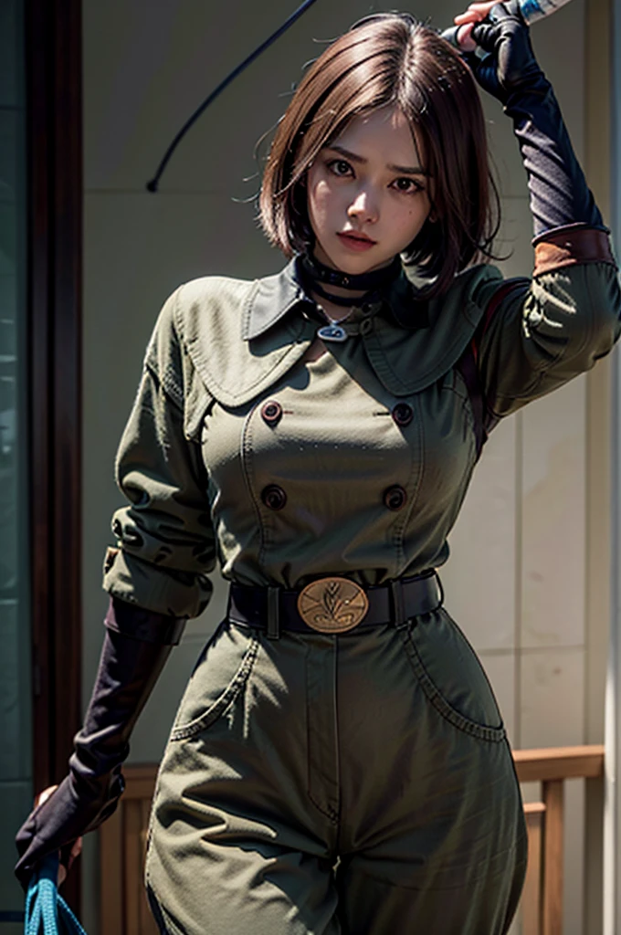 (masterpiece, best quality, high resolution, Unity 8k Wallpaper, Extremely detailed CG:1), (illustration:1.0), 1 Girl,Solitary, whip, Gloves, uniform, army, army ,belt, Necklace, Pants,