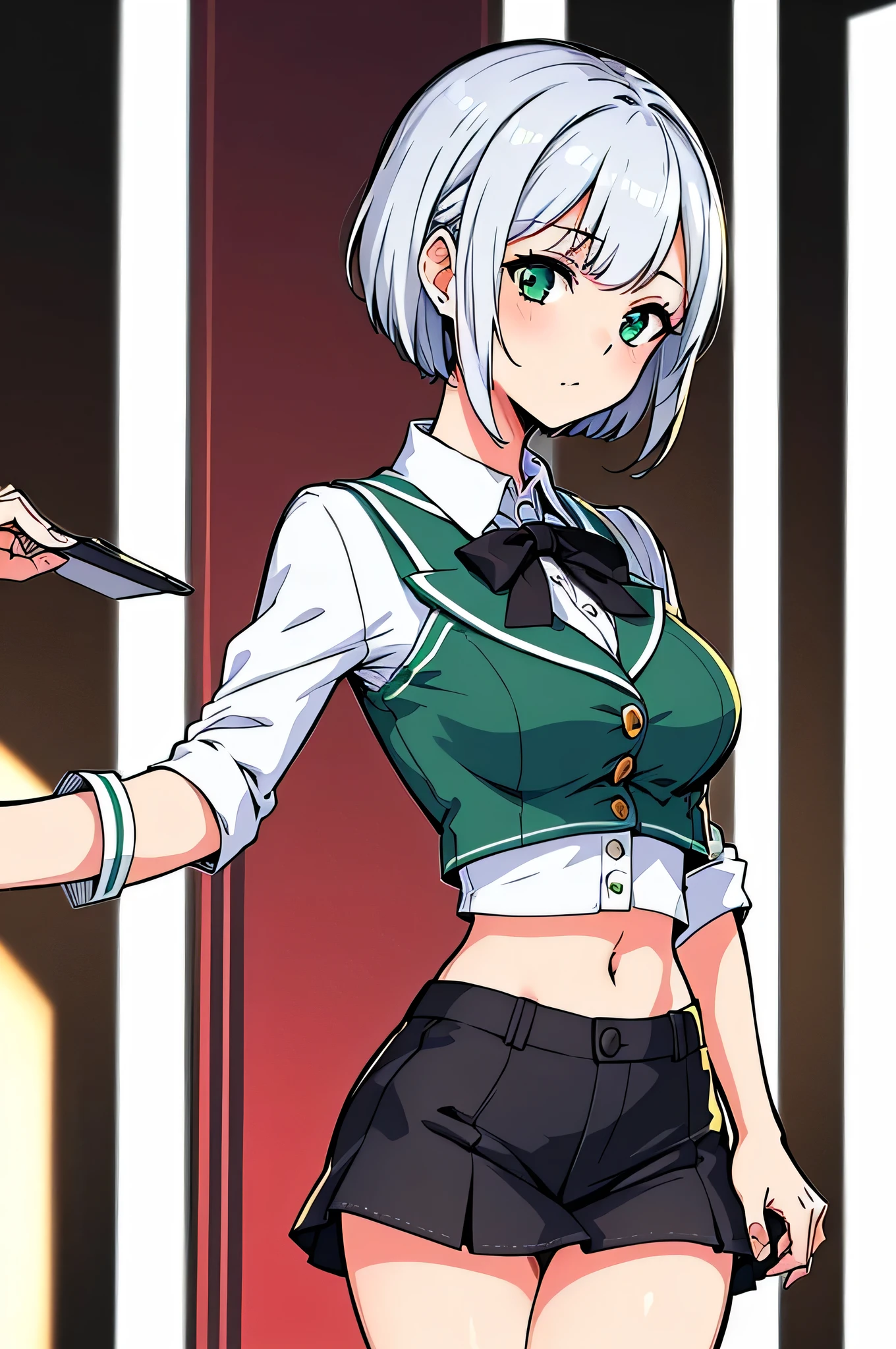 all intricate details, cientificamente: perfect body, girl 1, (masterpiece, best quality:1.2), illustration, solo, 1girl view, short hair, white hair, green eyes, short green blazer, black miniskirt, detailed background, looking at viewer, hair ornaments, indoors, sexy pose, front angle
