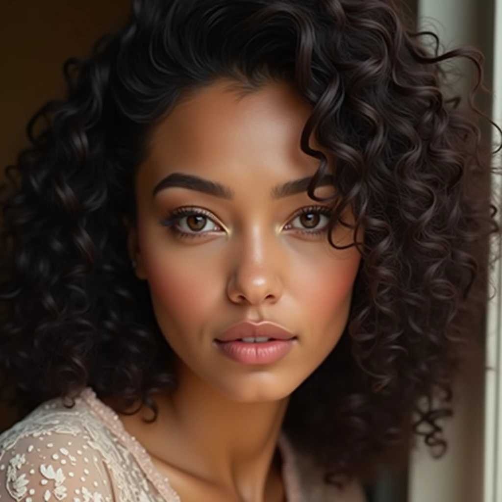 imagine facing the viewer, A woman who mixes two very different nationalities physically and creates a 19-year-old woman with perfect skin, charming look,, She is the most beautiful woman in the world, She is an Instagram influencer and a very seductive woman.