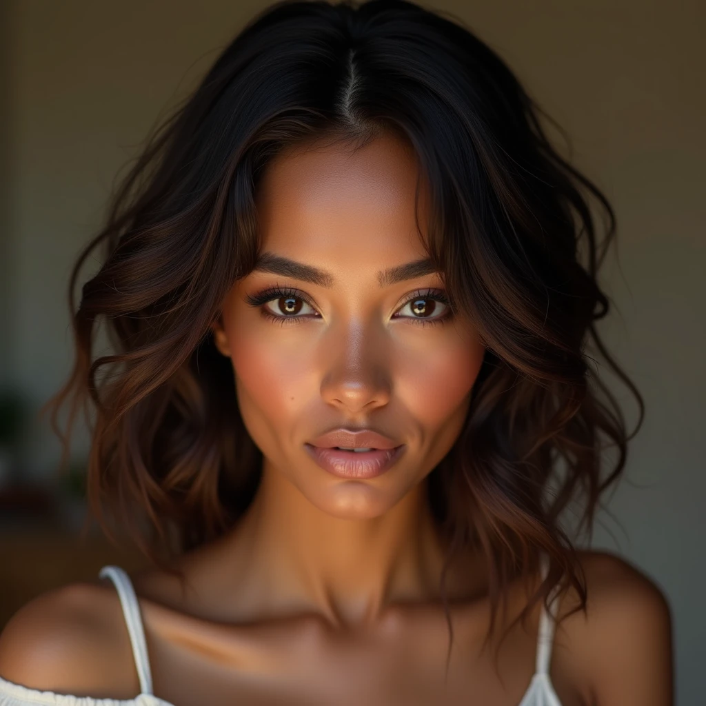 imagine facing the viewer, A woman who mixes two very different nationalities physically and creates a 19-year-old woman with perfect skin, charming look,, She is the most beautiful woman in the world, She is an Instagram influencer and a very seductive woman.