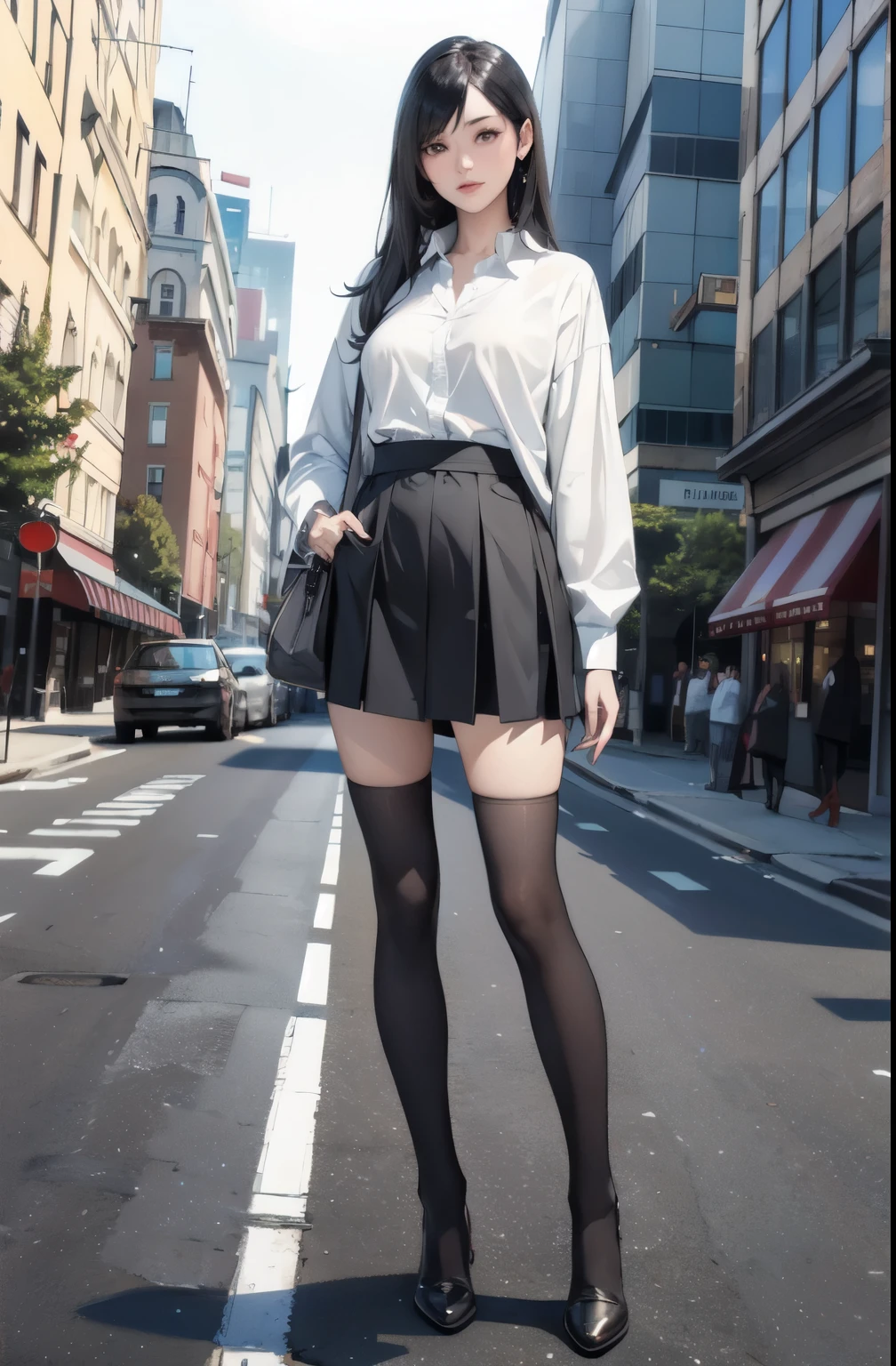((masterpiece, best_quality)), 1girl, (photorealistic:1.4), solo, city_background, boulevard, black_hair, long_hair, zettai_ryouiki, oversized shirt, mini skirt, ((full_body)),
