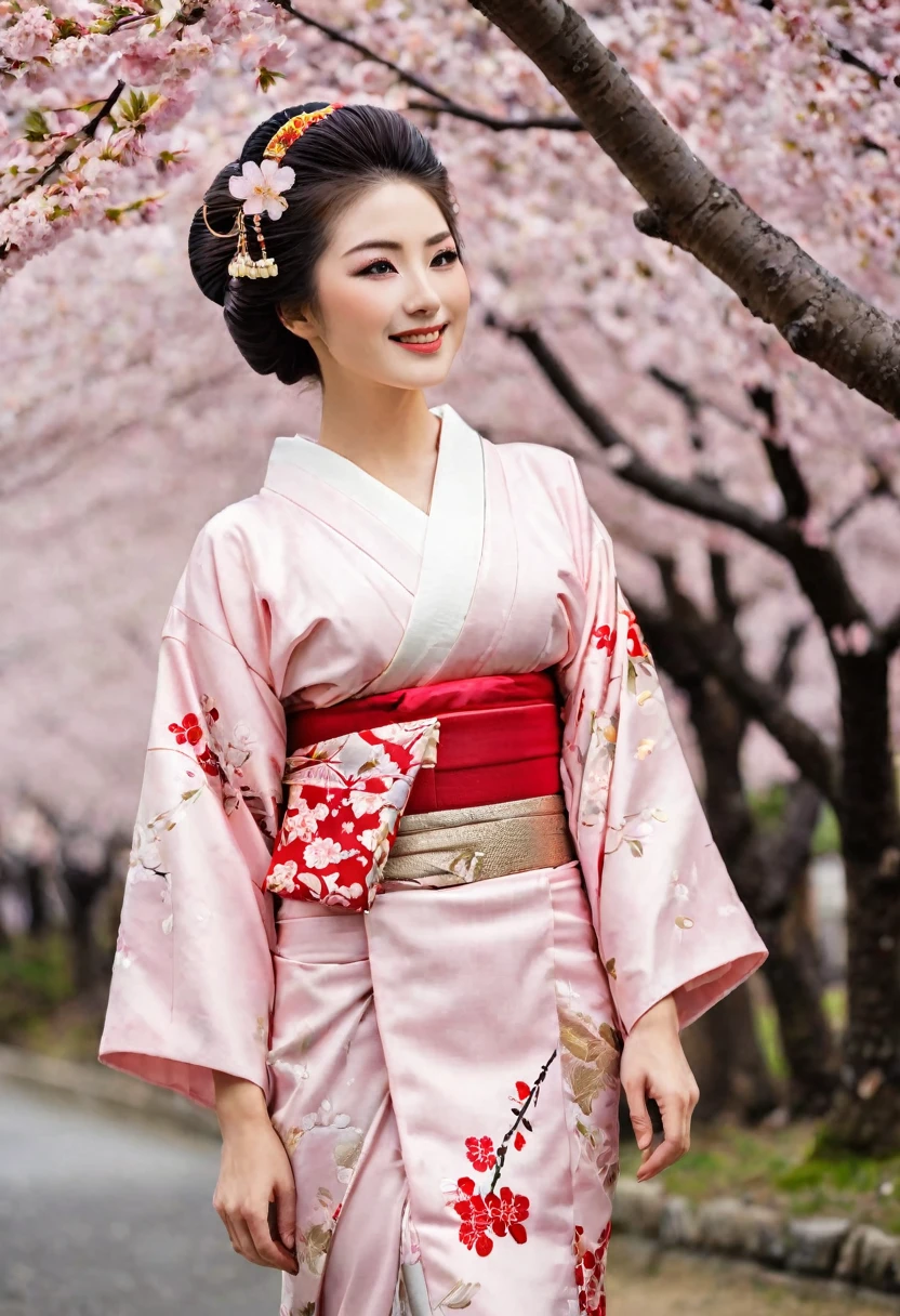 (A geisha stands gracefully under a cherry blossom, Look back and smile: 1.37), Pink cherry blossom petals next々And they scatter, Strengthen your eyes, Straight eyebrows are not only eye-catching、Informal, Cleanse the entire face. Typical Japanese Geisha, Wearing a gorgeous kimono embroidered with red and gold cherry blossoms, This is a long-sleeved kimono, Wearing clogs, Realistic depiction of light and shadow, Realistic and exaggerated photos, super high quality, Super Details, Cinematic shots, Shallow depth of field
