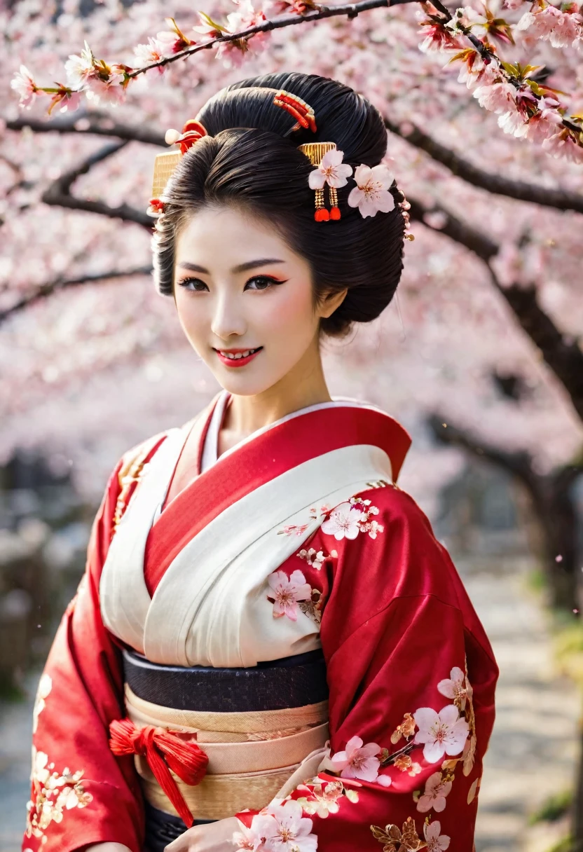 (A geisha stands gracefully under a cherry blossom, Look back and smile: 1.37), Pink cherry blossom petals next々And they scatter, Strengthen your eyes, Straight eyebrows are not only eye-catching、Informal, Cleanse the entire face. Typical Japanese Geisha, Wearing a gorgeous kimono embroidered with red and gold cherry blossoms, This is a long-sleeved kimono, Wearing clogs, Realistic depiction of light and shadow, Realistic and exaggerated photos, super high quality, Super Details, Cinematic shots, Shallow depth of field