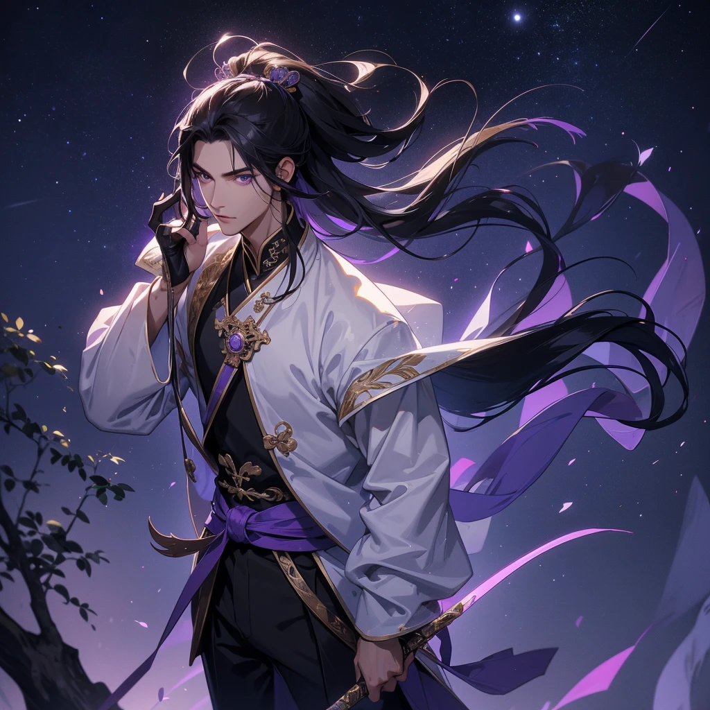 A Handsome black-hair male holding a large sword in white ancient chinese costume, Background is a dark moonless night, with dry trees in the background, and purple glowing light,close up.