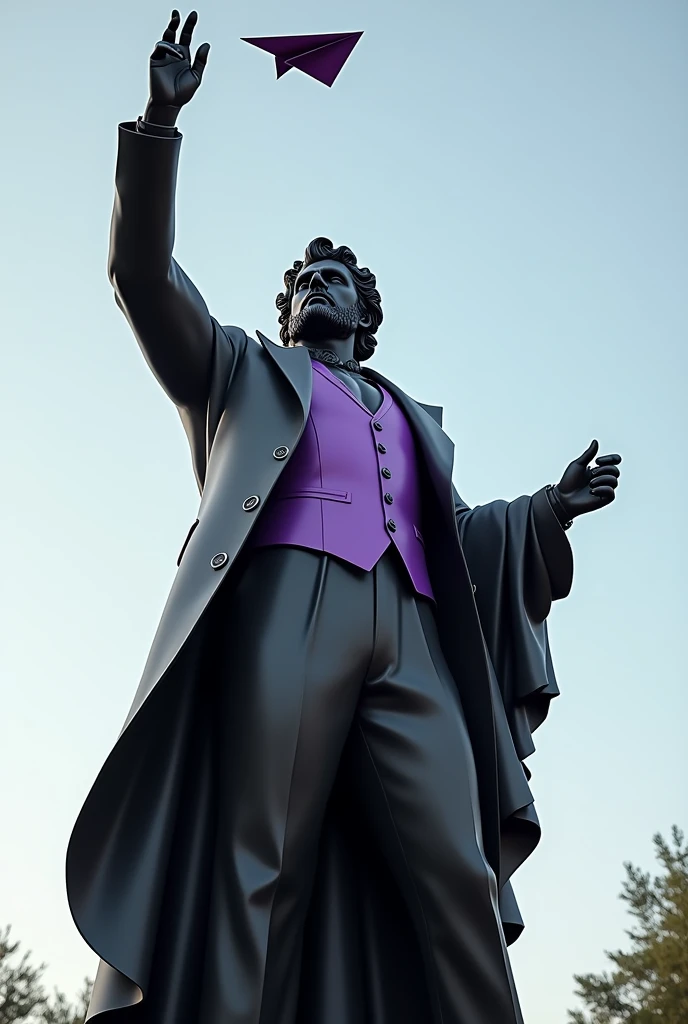 statue of a Greek god dressed in a black suit with purple details throwing a paper airplane
