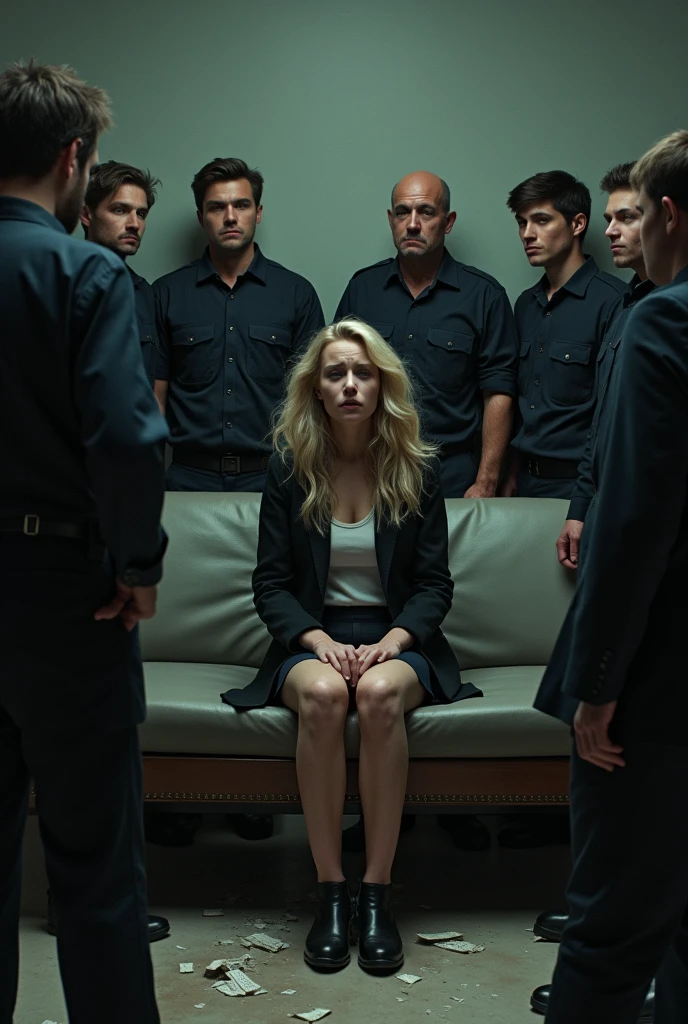 A 30-something blonde girl sits surrounded by bailiffs