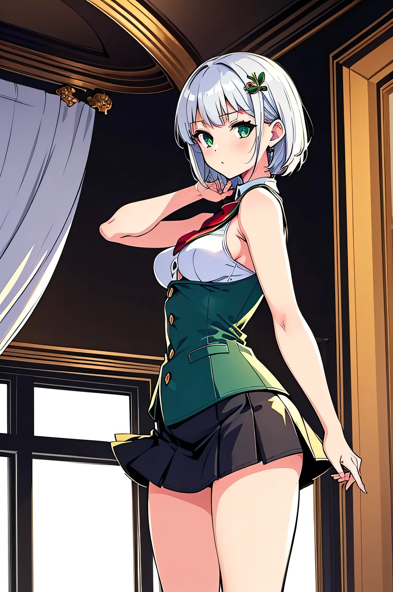 all intricate details, cientificamente: perfect body, girl 1, (masterpiece, best quality:1.2), illustration, solo, 1girl view, short hair, white hair, green eyes, short green blazer, black miniskirt, detailed background, looking at viewer, hair ornaments, indoors, sexy pose, front angle