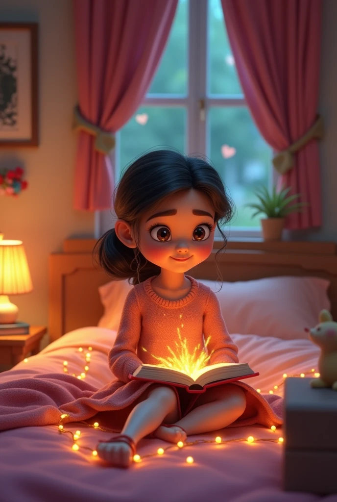 Return Home: Show Geeta back in her room, closing the book with a satisfied and happy expression, while a faint magical glow hints at the adventure she experienced in 3d cartoon