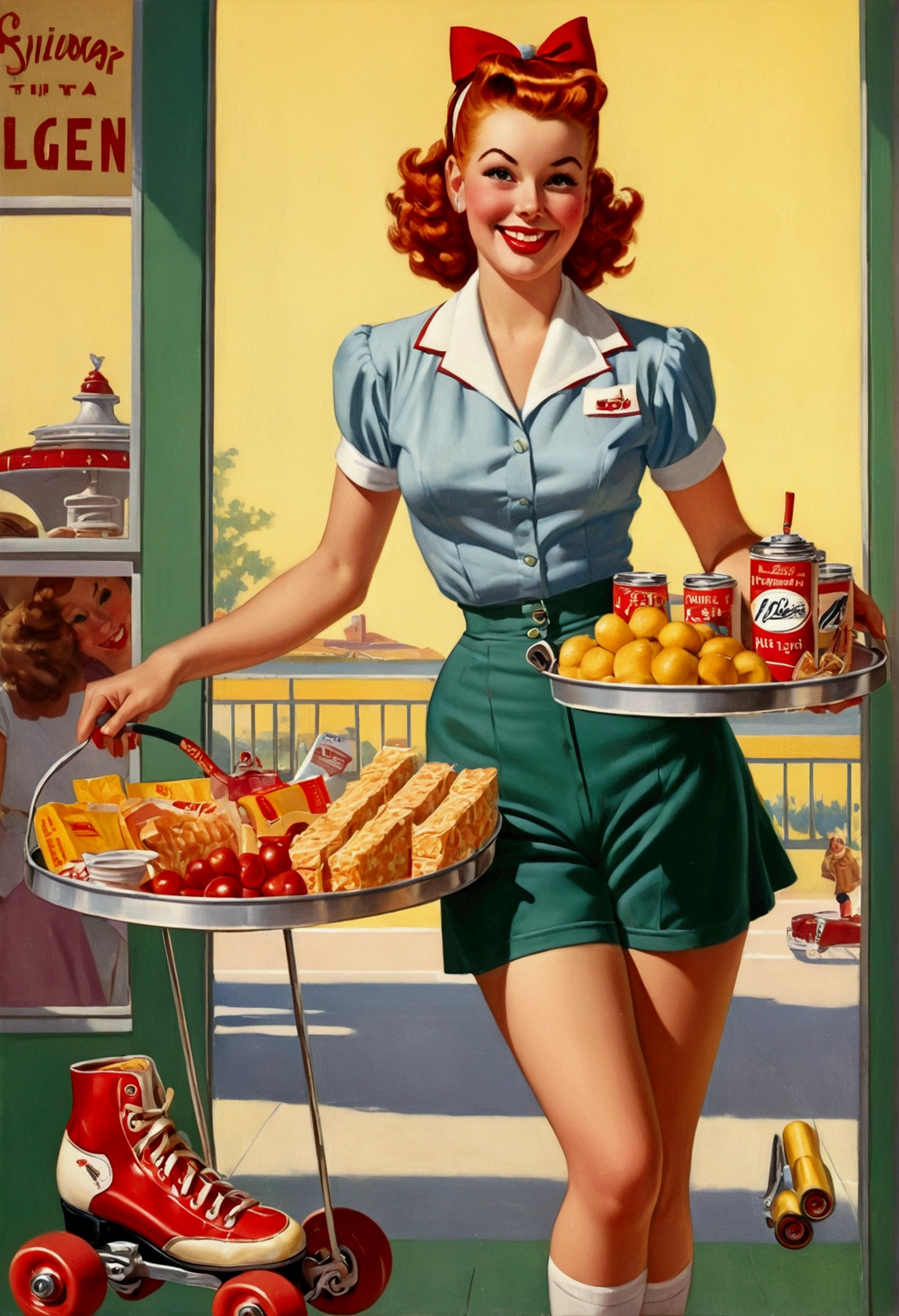 1950s waitress, redhead, fixing, cinched waist, shorts, roller skates, carrying tray with snacks, smiling, Gil Elvgren style.