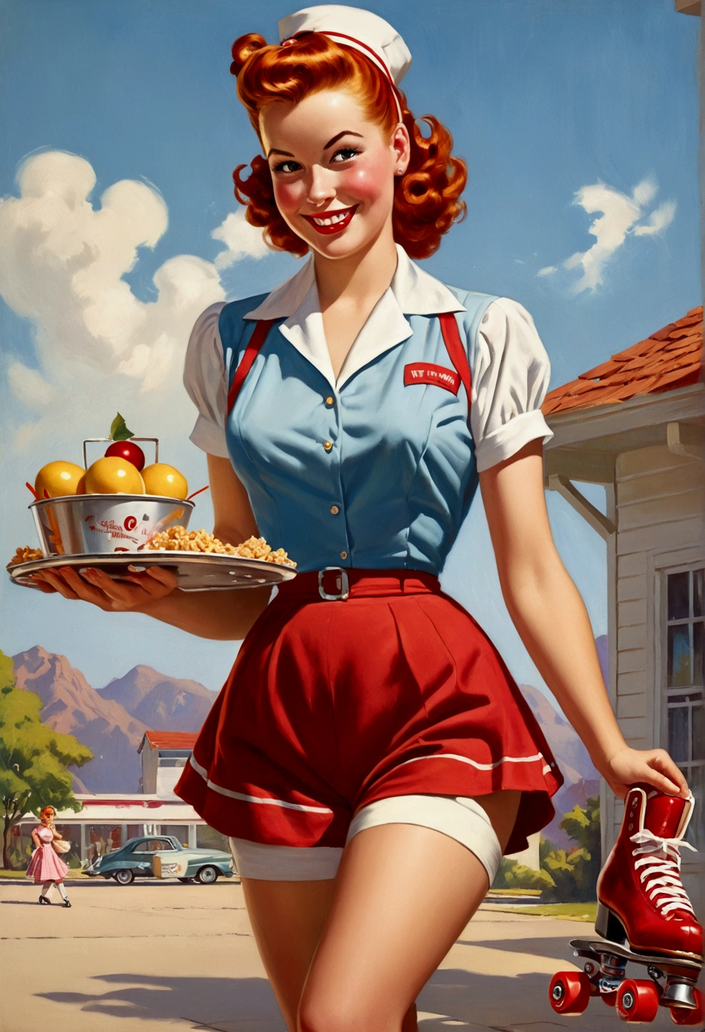 1950s waitress, redhead, fixing, cinched waist, shorts, roller skates, carrying tray with snacks, smiling, Gil Elvgren style.