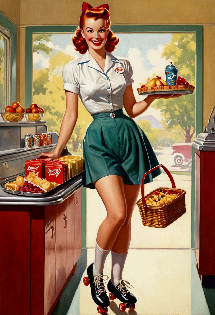 1950s waitress, redhead, fixing, cinched waist, shorts, roller skates, carrying tray with snacks, smiling, Gil Elvgren style.