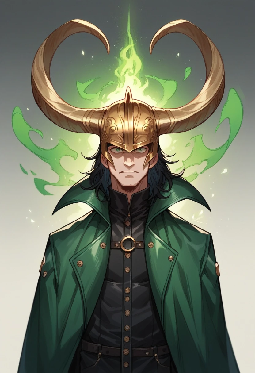 Loki, man, long black hair, long face, golden helmet with two long horns, black costume with golden accents, leather trench coat, green cape, green magic