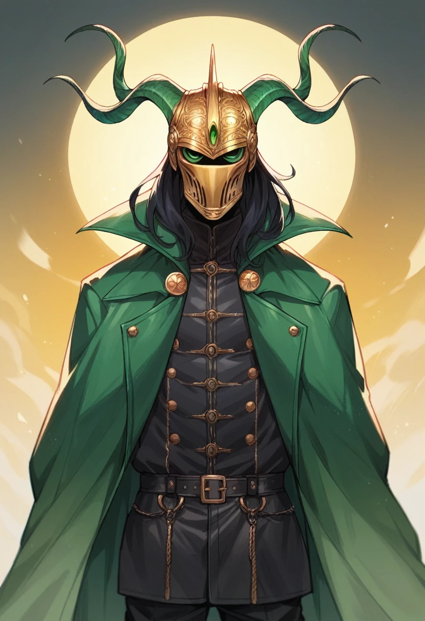 Loki, man, long black hair, long face, golden helmet with two long horns, black costume with golden accents, leather trench coat, green cape, green magic