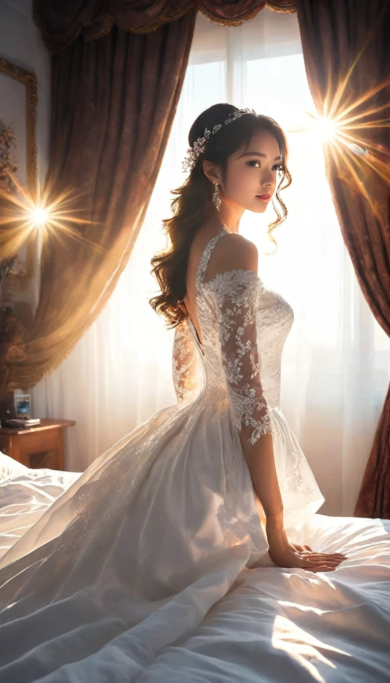 Anime Style, 4k Highly detailed and realistic RAW photos, background, Cinema Lighting, Lens flare, Beautiful details, Studio, close up on bed, White sheets, Deluxe,