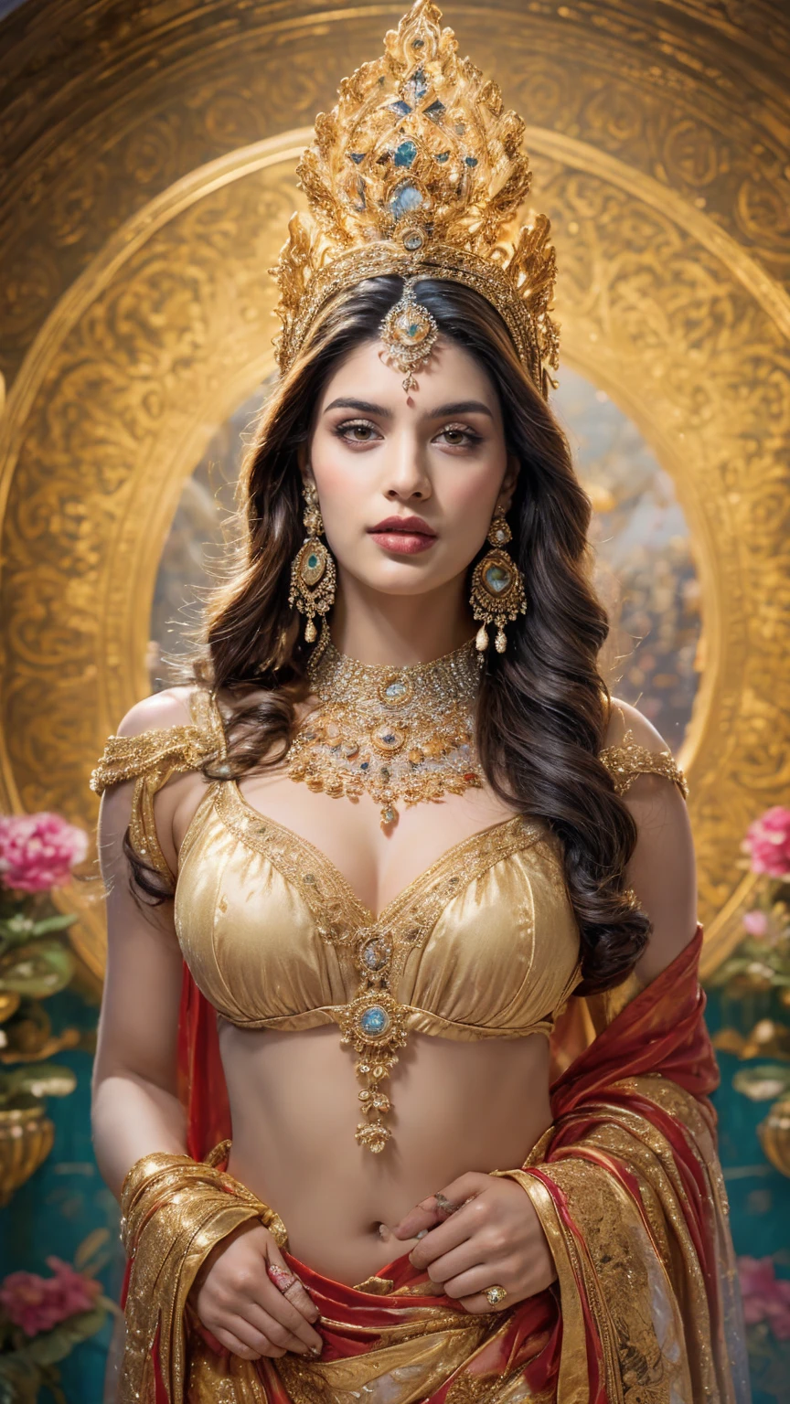 ((Best quality, 8k, Masterpiece :1.3)), Sharp focus :1.2, Generate a realistic image of a beautiful sexy Indian woman plus size body: 8.5 (masterpiece like a princess) (body like divine girl) dressed divine clothes white skirt and print bra. adorned with traditional ornaments, standing in a well-lit room with cinematic lighting. ((Front view, random elegant pose)), and there is a sense of grace and elegance in her posture. The background should complement the scene, enhancing the overall aesthetic appeal of the image. Photography by Brandon Woelfel, Full shot: Canon EF 16-35mm f/2.8L III USM lens on a Canon EOS 9D Mark IV camera, ultra realistic, 64k, HD