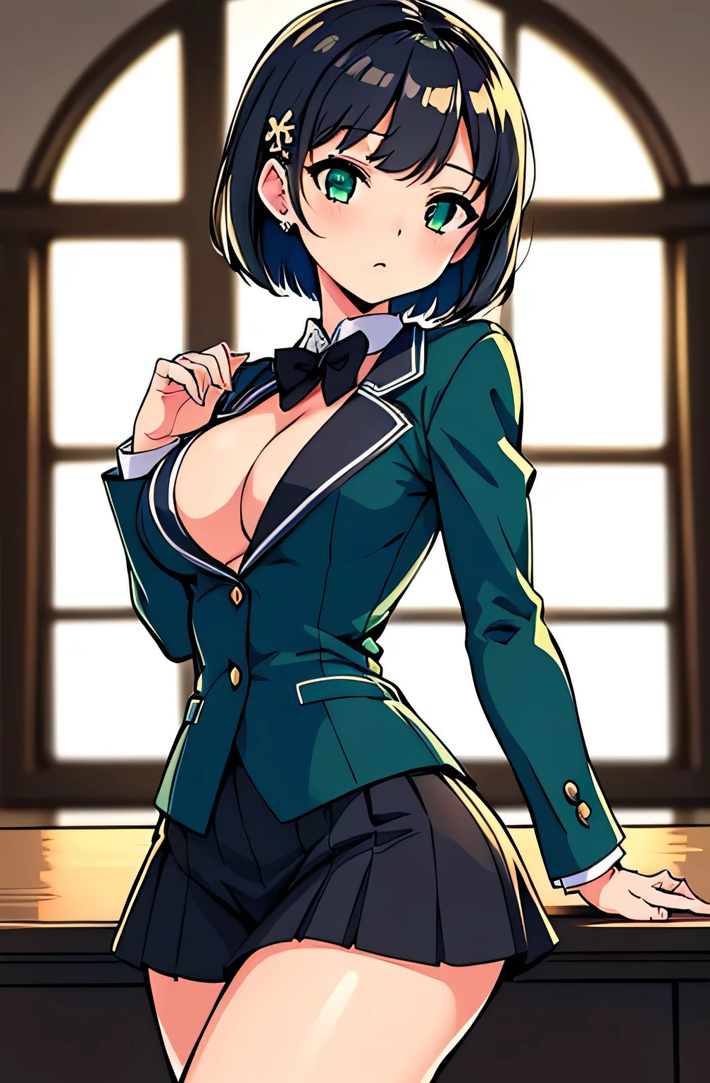 all intricate details, cientificamente: perfect body, girl 1, (masterpiece, best quality:1.2), illustration, solo, 1girl view, short hair, white hair, green eyes, short green blazer, black miniskirt, detailed background, looking at viewer, hair ornaments, indoors, sexy pose, front angle